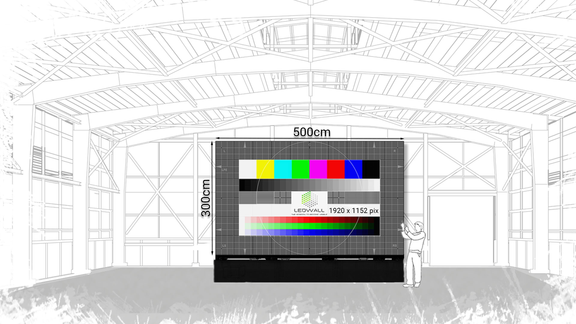 V2-LED-Videowand–5×2-m–2.6mm-Indoor-geständert-Ledwall-Rental.de Diagramm einer großen LED-Wand in einer Halle mit einem Testbild. Die LED Wand hat die Abmessungen 5 Meter Breite und 3 Meter Höhe. Das Bild zeigt verschiedene Farbbalken und die Auflösung der LED Videowand.