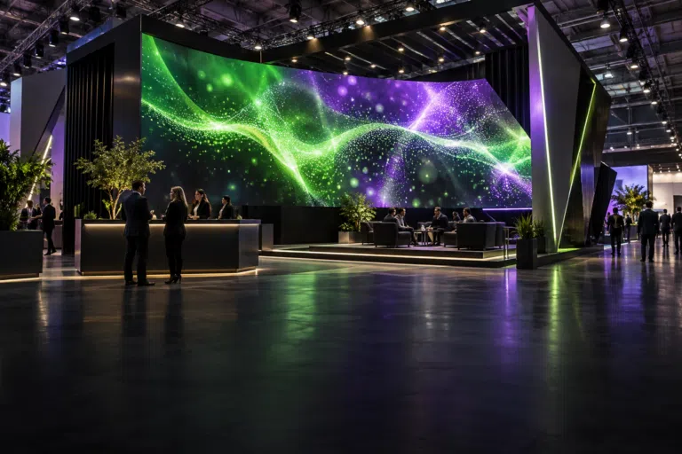 Große LED-Wand mit grünen und violetten Lichtwellen auf einem modernen Messestand.
