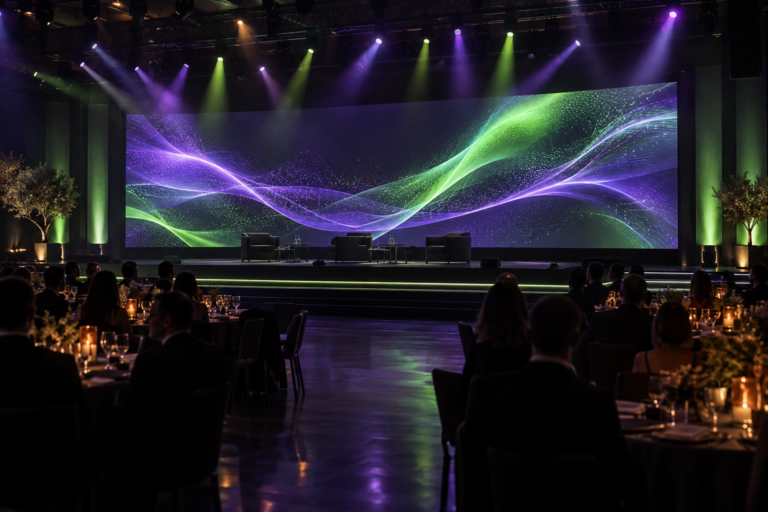 Breite LED-Videowand hinter einer Bühne mit violetten und grünen Lichtwellen und Publikum im Vordergrund.