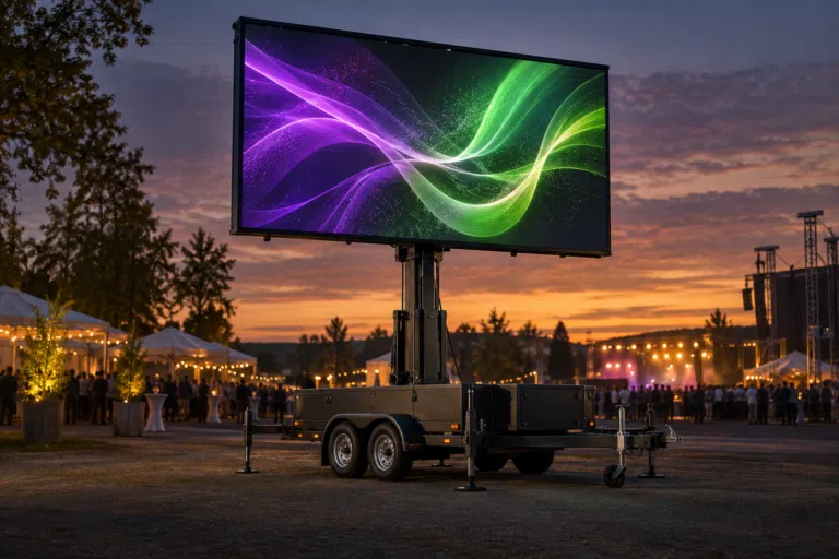 Mobiler LED-Trailer mit angehobener Bildfläche und grünen und violetten Lichtwellen bei Sonnenuntergang.